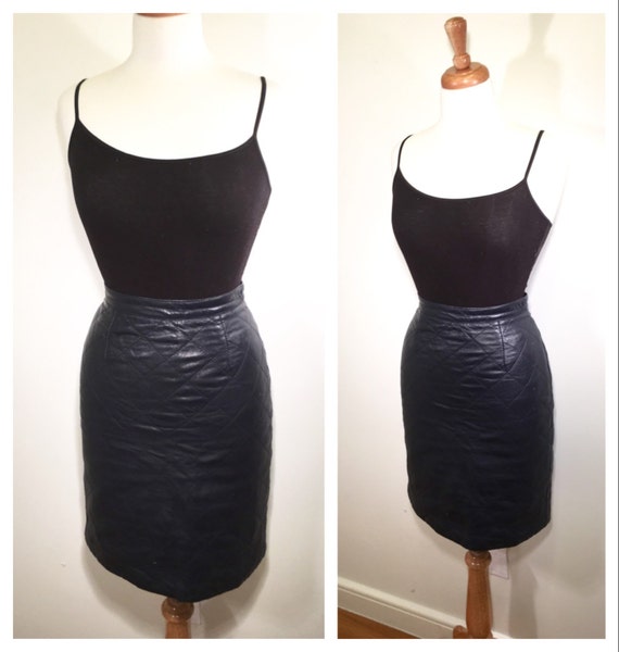 blue leather pencil skirt vintage 1980s purple blue quilted leather skirt wiggle mini skirt midi skirt