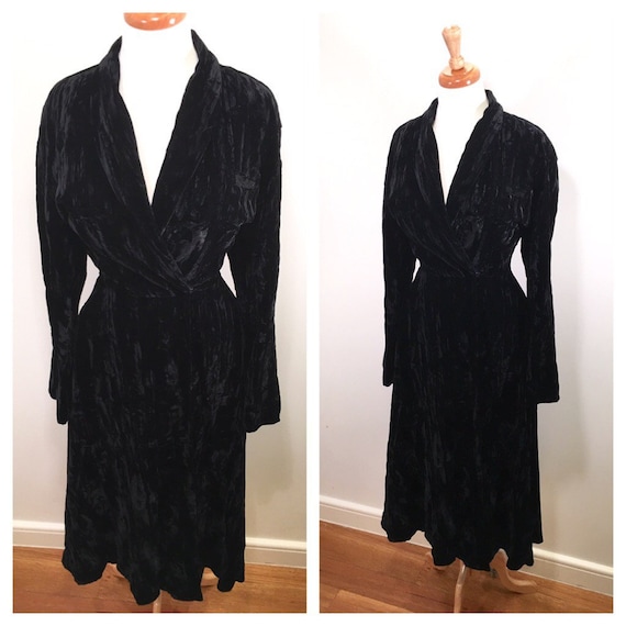 Vintage black velvet wrap dress 1980s Norma kamali dress 80s wrap dress velvet party dress long sleeve robe dress size small