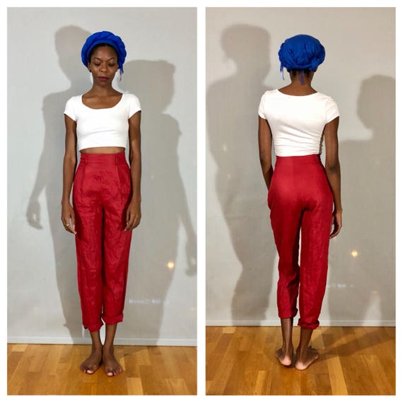 High Waisted Pants / Straight Leg Pants Red Trouser Pants High Rise Pants Small 80s Cuffed Trousers Cropped Trousers High Waist Trousers