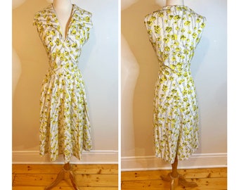 Vintage 1960s Cotton Sundress White Summer Day Dress With Yellow Flower Print Fit and Flare Midi Garden Party Dress