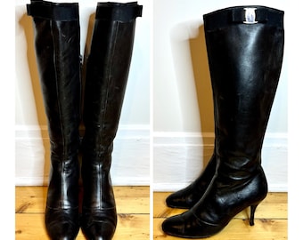 Vintage Salvatore Ferragamo Boots Size 10 Ferragamo Boots Black Leather Knee High Boots Ferragamo Heeled Boots