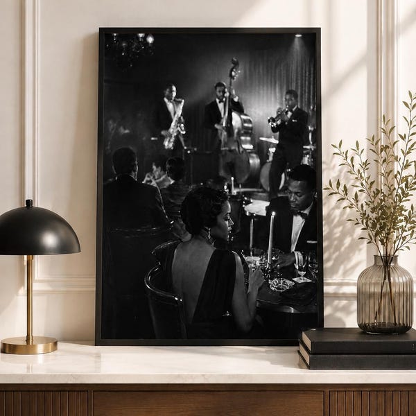 Vintage Jazz Club Print, Black and White Nightlife Photography, Elegant Cocktail Wall Art (Matte Paper)