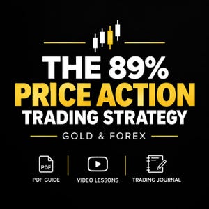 Peut inclure: Un graphique noir avec le texte THE 89% PRICE ACTION TRADING STRATEGY GOLD & FOREX en blanc et jaune. Au-dessus du texte se trouvent quatre icônes de chandeliers boursiers. En dessous, trois icônes pour PDF GUIDE, VIDEO LESSONS et TRADING JOURNAL.