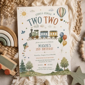 Op de afbeelding: Een rechthoekige verjaardagsuitnodigingskaart met een aquarel trein, luchtballon en vlieger. De tekst luidt: CHUGGA CHUGGA TWO TWO, MASON'S 2ND BIRTHDAY, Saturday, August 16 at 3:00 PM, PINEVIEW PLAYGROUND, 456 MEADOW BROOK DRIVE, RALEIGH, NC 27614.