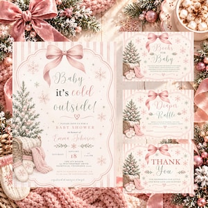Könnte beinhalten: Ein Set aus Babyparty-Papeterie mit rosa-weiß gestreiftem Hintergrund, einer großen rosa Schleife, einem Weihnachtsbaum im Korb und Schneeflocken. Der Text lautet Baby it's cold outside, Books for Baby, Diaper Raffle und Thank You.