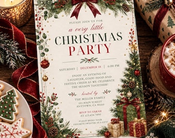 May include: A rectangular Christmas party invitation card featuring a festive border of pine branches, red berries, and ornaments. The text reads: PLEASE JOIN US FOR a very little CHRISTMAS PARTY, SATURDAY, DECEMBER 18, 6:00 PM, THE MILLER FAMILY.