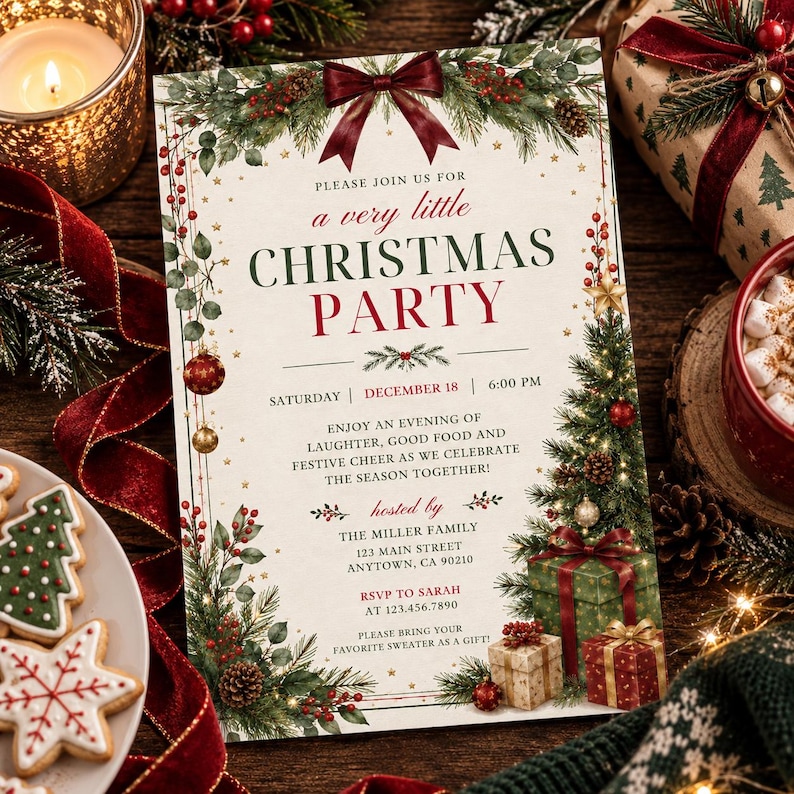 Elegant a very little Christmas party invitation with evergreen branches, red berries, pinecones, burgundy bows, gold stars, a decorated tree and wrapped holiday gifts. Traditional red, green and gold watercolor styling creates a festive design for a sweater exchange, family gathering, Christmas dinner or seasonal celebration.