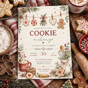 Pode incluir: Um cartão de convite retangular para uma troca de biscoitos com ilustrações em aquarela de biscoitos de gengibre, uma caneca vermelha, um batedor e ramos de pinheiro. O texto diz: Please join us for a cookie exchange, Saturday December 30.