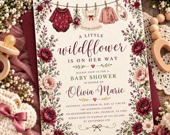 Wildflower Baby Shower Invitation, Girl Baby Shower Invite, Floral Baby Shower, Boho Burgundy Flowers, Clothesline Editable Template, M219