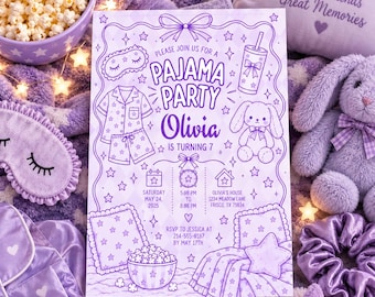 Paarse pyjamaparty-uitnodiging, uitnodiging voor een slaapfeestje voor meisjes, pyjamaparty voor een verjaardag, pyjama-verjaardagsfeest, uitnodiging voor een slaapfeestje voor meisjes, M403