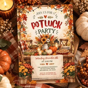 May include: A rectangular invitation card for a potluck party featuring autumn leaves, string lights, and a table set with sunflowers, pumpkins, and food. The text reads: Join us for a potluck party, Saturday, November 8th at 3:00 PM, The Anderson Residence, 768 Fallview Drive, Bellbrook, OH 45305, RSVP by November 1st to Emily at 937-555-0198.