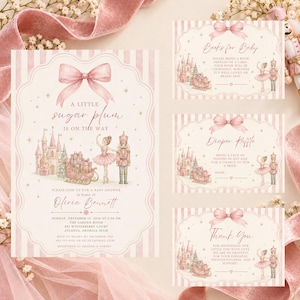 May include: A set of baby shower stationery featuring a pink striped background, a large bow, a castle, a sleigh with gifts, a ballerina, and a nutcracker. The text includes A LITTLE SUGAR PLUM IS ON THE WAY, Books for Baby, Diaper Raffle, and Thank You.