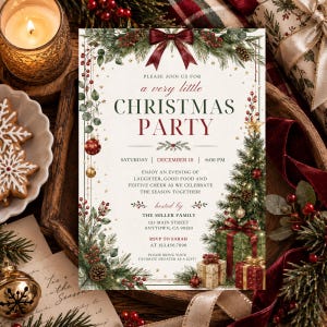 May include: A Christmas party invitation card featuring a dark red bow at the top, pine branches, red berries, and ornaments. The text reads: Please join us for a very little Christmas party, Saturday, December 18, 6:00 PM, hosted by The Miller Family.