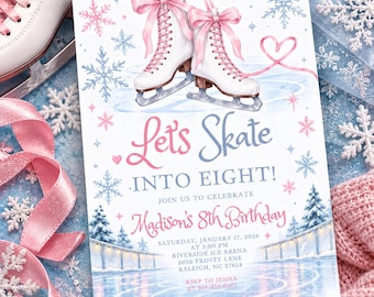 Invitación de cumpleaños con temática de patinaje sobre hielo, invitación a fiesta de invierno para niñas, cumpleaños con patinaje sobre hielo rosa, fiesta de patinaje con copos de nieve, octavo cumpleaños, M522
