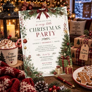 May include: A rectangular Christmas party invitation card featuring a dark red bow at the top, green pine branches, red berries, and pinecones. The text reads: Please join us for a very little Christmas party, Saturday, December 18, 6:00 PM.