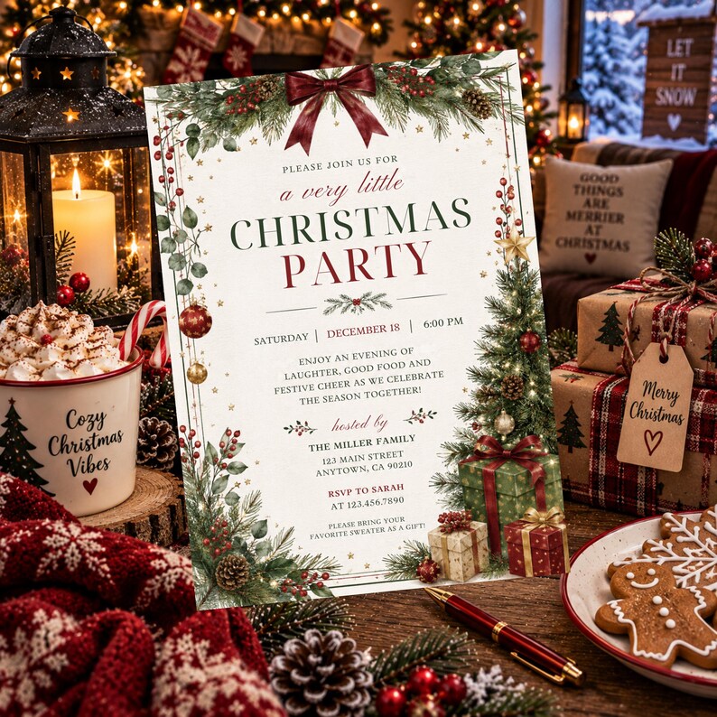 May include: A rectangular Christmas party invitation card featuring a dark red bow at the top, green pine branches, red berries, and pinecones. The text reads: Please join us for a very little Christmas party, Saturday, December 18, 6:00 PM.