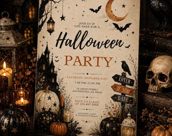 May include: A rectangular Halloween party invitation card on aged paper featuring a haunted house, pumpkins, bats, a crescent moon, and a signpost. Text reads: JOIN US IF YOU DARE FOR A Halloween PARTY, SATURDAY, OCTOBER 31ST, 7:30 PM-11:30 PM, 13 CREEP STREET, RAVENWOOD, GA 90210, RSVP TO SARAH AT 555-867-2900.