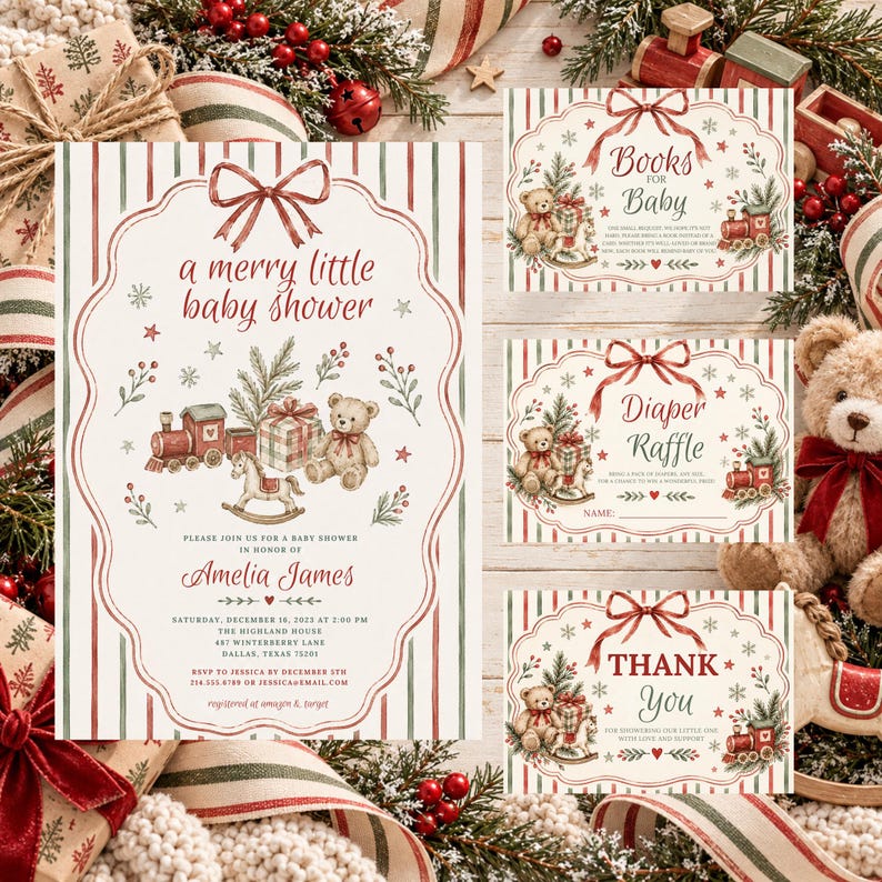 Christmas Baby Shower Invitation Bundle, Merry Little Baby Shower ...