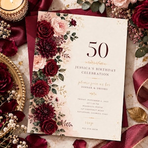50th Birthday Dinner Invitation, Burgundy Floral Milestone Celebration, Elegant Woman, Editable Canva Template, M65