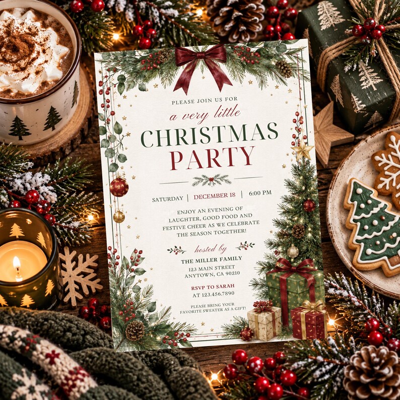 May include: A rectangular Christmas party invitation card featuring a dark red bow at the top, green pine branches, red berries, and pinecones. The text reads: Please join us for a very little Christmas party, Saturday, December 18, 6:00 PM.