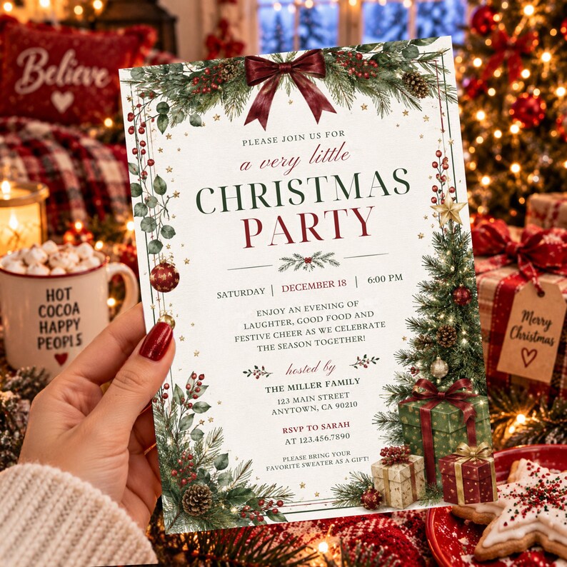 May include: A rectangular Christmas party invitation card featuring a dark red bow at the top, green pine branches, red berries, pinecones, and gold stars. The text reads: Please join us for a very little Christmas party, Saturday, December 18, 6:00 PM.