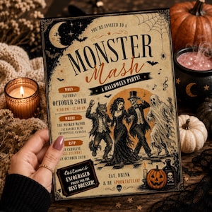 Op de afbeelding: Een rechthoekige Halloween-uitnodigingskaart met de tekst 'Monster Mash' en 'A Halloween Party!' en illustraties van een weerwolf, een vrouw in een japon, een skelet met een hoge hoed en een geest die dansen op een dambordvloer.