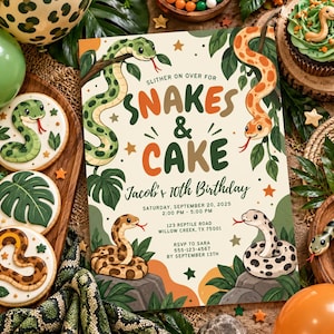 Pode incluir: Um cartão de convite de aniversário retangular com o texto Slither on over for Snakes & Cake, Jacob's 10th Birthday, Saturday, September 20, 2025, 2:00 PM - 5:00 PM, 123 Reptile Road, Willow Creek, TX 75001, RSVP to Sara 555-123-4567.