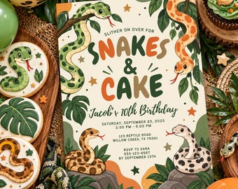 Snake Birthday Invitation, Reptile Birthday Party Invite, Snakes and Cake, 10th Birthday Boy, Reptile Party Invitation, M436