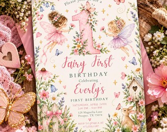Uitnodiging voor een eerste verjaardag met feeënthema, 1e verjaardag meisje, betoverend tuinfeest, uitnodiging met bosfeeënthema, verjaardag met bloemen, M514