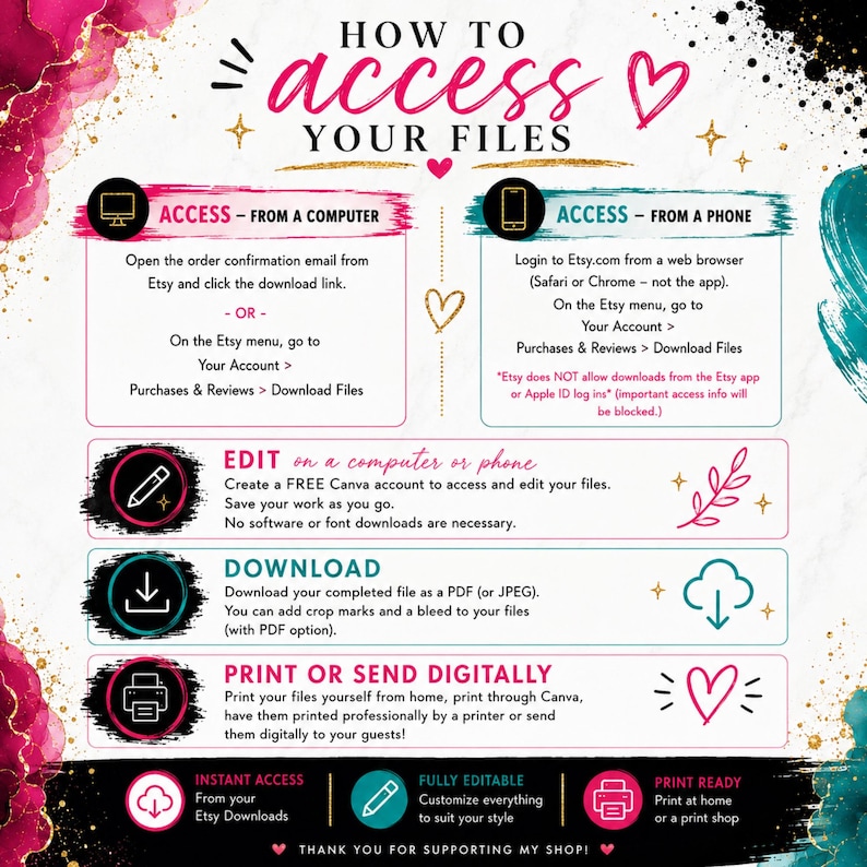 May include: An instructional graphic titled HOW TO ACCESS YOUR FILES with pink and teal watercolor accents. It outlines steps to access, edit, download, and print digital files from Etsy, including instructions for computers and mobile browsers.