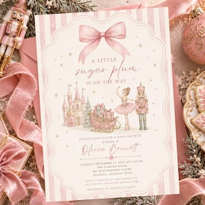 Einladung zur Babyparty mit Nussknacker-Motiv, Zuckerpflaumen-Thema, Weihnachtsparty für Mädchen, Rosa Ballett-Festtagseinladung (bearbeitbar), M444