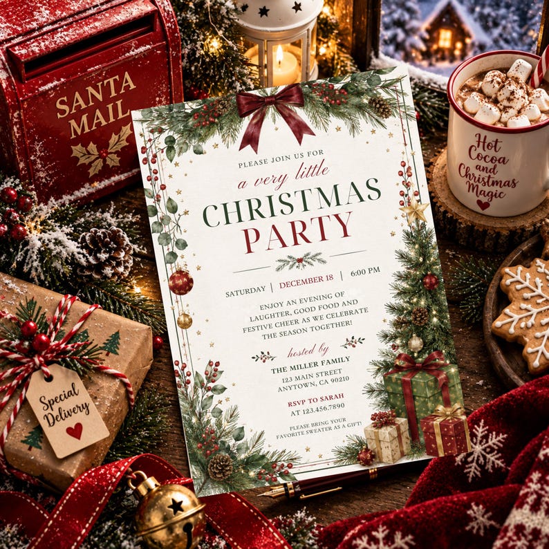 May include: A rectangular Christmas party invitation card featuring a dark red bow at the top, green pine branches, red berries, and gold ornaments. The text reads: Please join us for a very little Christmas party, Saturday, December 18, 6:00 PM.