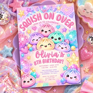 May include: A rectangular birthday invitation card featuring pastel-colored, smiling dumpling characters, disco balls, and stars. The text reads: SQUISH ON OVER, JOIN US TO CELEBRATE, Olivia's 8TH BIRTHDAY, SATURDAY, JUNE 14TH, 1:00 PM - 4:00 PM, THE SPRINKLE SPOT, 7421 CEDAR RIDGE DRIVE, MCKINNEY, TX 75071, RSVP TO SARAH AT 214.555.0187 BY JUNE 7TH.