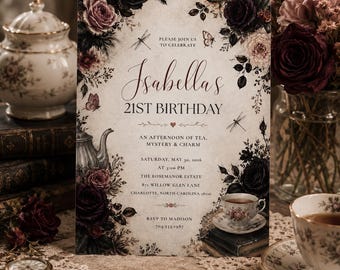 Invitación a fiesta de té gótica, cumpleaños con flores oscuras, té victoriano vintage, plantilla editable de Canva, M76