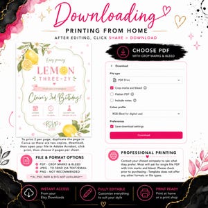 May include: A digital instructional graphic for a lemon-themed birthday invitation template. It displays a sample invitation for Claire's 3rd Birthday, a Canva download menu with PDF Print settings, and text instructions for home and professional printing.