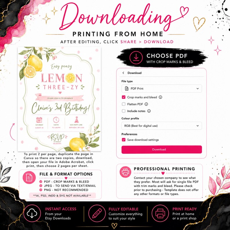 May include: A digital instructional graphic for a lemon-themed birthday invitation template. It displays a sample invitation for Claire's 3rd Birthday, a Canva download menu with PDF Print settings, and text instructions for home and professional printing.