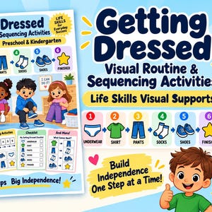 Könnte beinhalten: Ein Getting Dressed Lernposter mit visuellen Routinen und Sequenzierungsaktivitäten, das Kinder beim Anziehen von Unterwäsche, T-Shirt, Hose, Socken und Schuhen zeigt, inklusive Checklisten und dem Text Small Steps Big Independence.