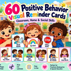 60 tarjetas visuales de recordatorio de comportamiento positivo, comportamiento en el aula, educación especial, PDF imprimible