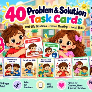 May include: A set of 40 Problem & Solution Task Cards featuring colourful illustrations of children in various social situations. The cards include text prompts for critical thinking, social skills, and emotions, presented as a printable PDF resource.