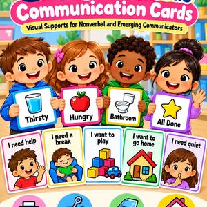 Può includere: Un set di 50 carte di comunicazione per i bisogni primari con illustrazioni colorate di bambini che tengono carte per sete, fame, bagno e finito. Include carte aggiuntive per aiuto, pause, gioco, casa e silenzio, oltre a icone per stampa e taglio.