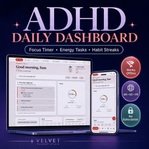 Tagesplaner für Erwachsene mit ADHS, Fokus-Timer, energiebasierte Aufgaben, Gewohnheitstracker, Brainstorming, Übungen zur Exekutivfunktion, digitaler Download