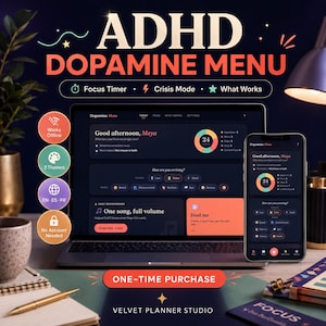 ADHS-Dopamin-Menü, Fokus-Timer, Krisenmodus, Tool für exekutive Dysfunktionen, Neurodiverse Selbstfürsorge, Digitaler Download