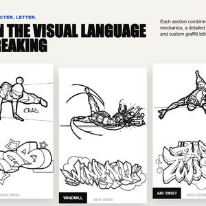 May include: A poster titled LEARN THE VISUAL LANGUAGE OF BREAKING featuring three panels with line illustrations of breakdancing moves: Crab, Windmill, and Air Twist. Each panel includes a corresponding graffiti-style word and a digital version label.