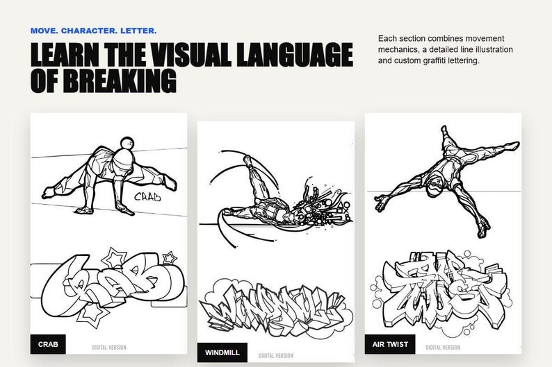 May include: A poster titled LEARN THE VISUAL LANGUAGE OF BREAKING featuring three panels with line illustrations of breakdancing moves: Crab, Windmill, and Air Twist. Each panel includes a corresponding graffiti-style word and a digital version label.