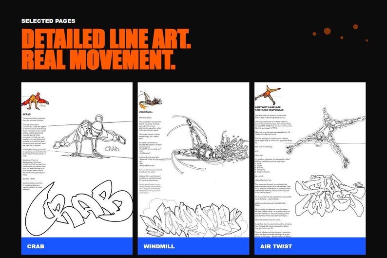 May include: A black page titled SELECTED PAGES DETAILED LINE ART. REAL MOVEMENT. featuring three white panels showing breakdancing moves: Crab, Windmill, and Air Twist. Each panel includes a small colour illustration, line art, and graffiti-style text.