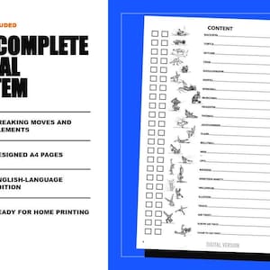 May include: A digital document titled One Complete Visual System featuring 23 breaking moves and elements across 58 A4 pages. The content page lists moves like Backspin, Turtle, and Windmill with checkboxes and illustrations for each entry.