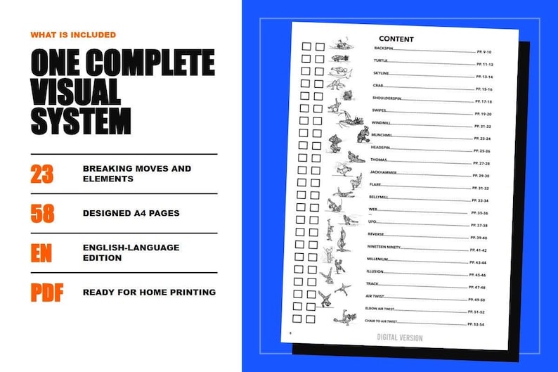 May include: A digital document titled One Complete Visual System featuring 23 breaking moves and elements across 58 A4 pages. The content page lists moves like Backspin, Turtle, and Windmill with checkboxes and illustrations for each entry.