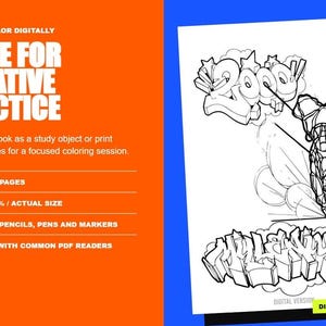 May include: A digital colouring page featuring a black and white line art illustration of a person performing a handstand with graffiti-style text reading 2000 and MILLENNIUM. The orange panel includes text: PRINT OR COLOUR DIGITALLY MADE FOR CREATIVE PRACTICE.
