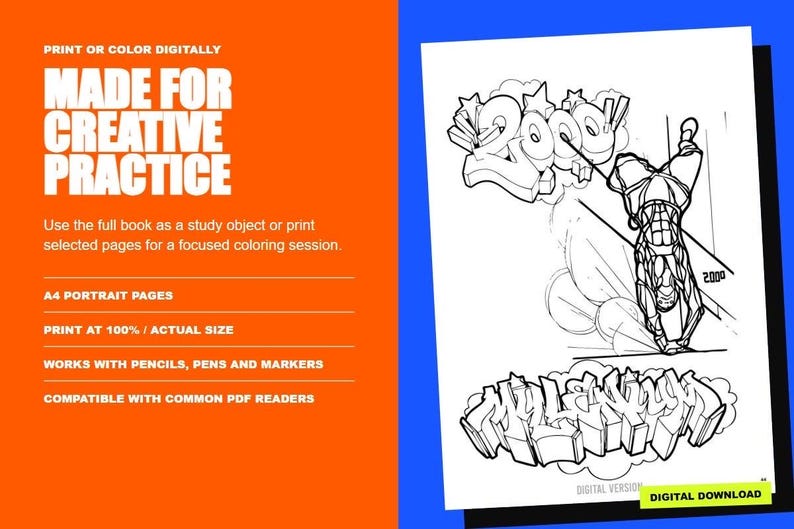 May include: A digital colouring page featuring a black and white line art illustration of a person performing a handstand with graffiti-style text reading 2000 and MILLENNIUM. The orange panel includes text: PRINT OR COLOUR DIGITALLY MADE FOR CREATIVE PRACTICE.