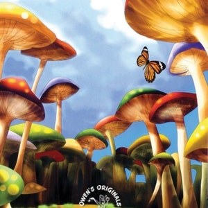 May include: An illustrated fantasy landscape featuring large, colorful mushrooms with red, yellow, green, and purple caps. A butterfly with orange and black wings flies in the sky. The image has the text "OWEN'S ORIGINALS BACKGROUNDS".
